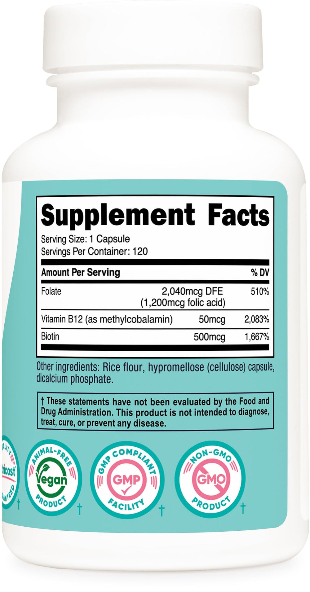 Non-GMO, gluten-free and soy-free icons for Nutricost Folic Acid