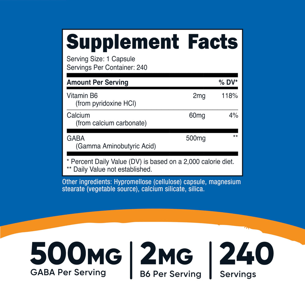 GABA 500mg and Vitamin B6 2mg per capsule label