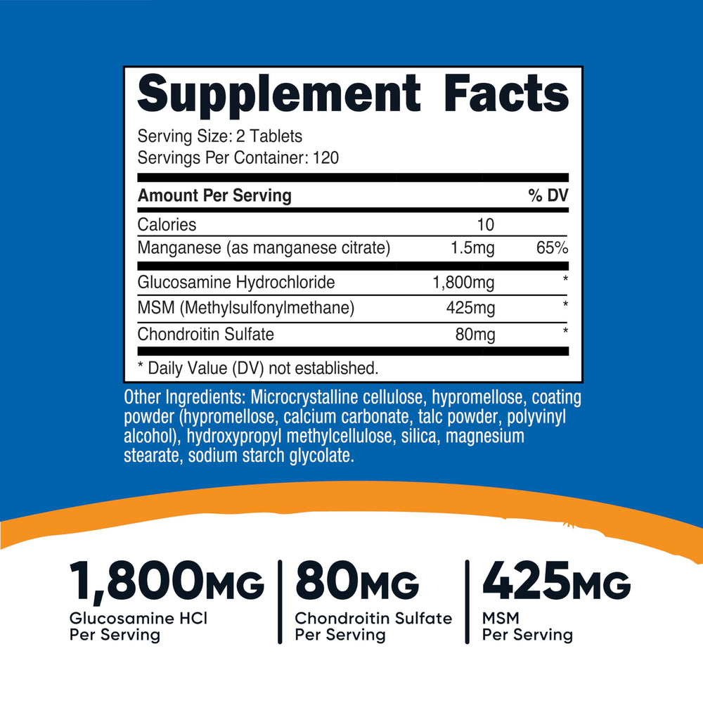 Close-up of label showing 1,800mg Glucosamine HCl per serving
