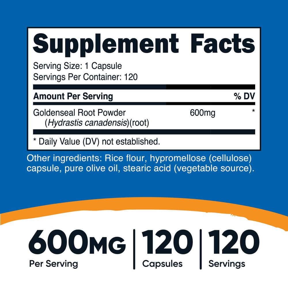 Close-up of Nutricost Goldenseal Root 600mg bottle label