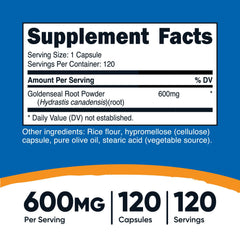 Close-up of Nutricost Goldenseal Root 600mg bottle label