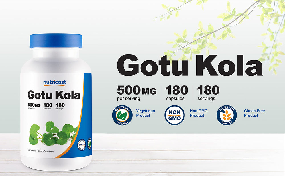Label indicates gluten free and non-GMO Nutricost Gotu Kola