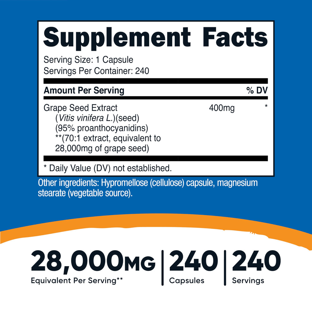 Label detailing 28,000mg per serving from 400mg of 70:1 grape seed extract