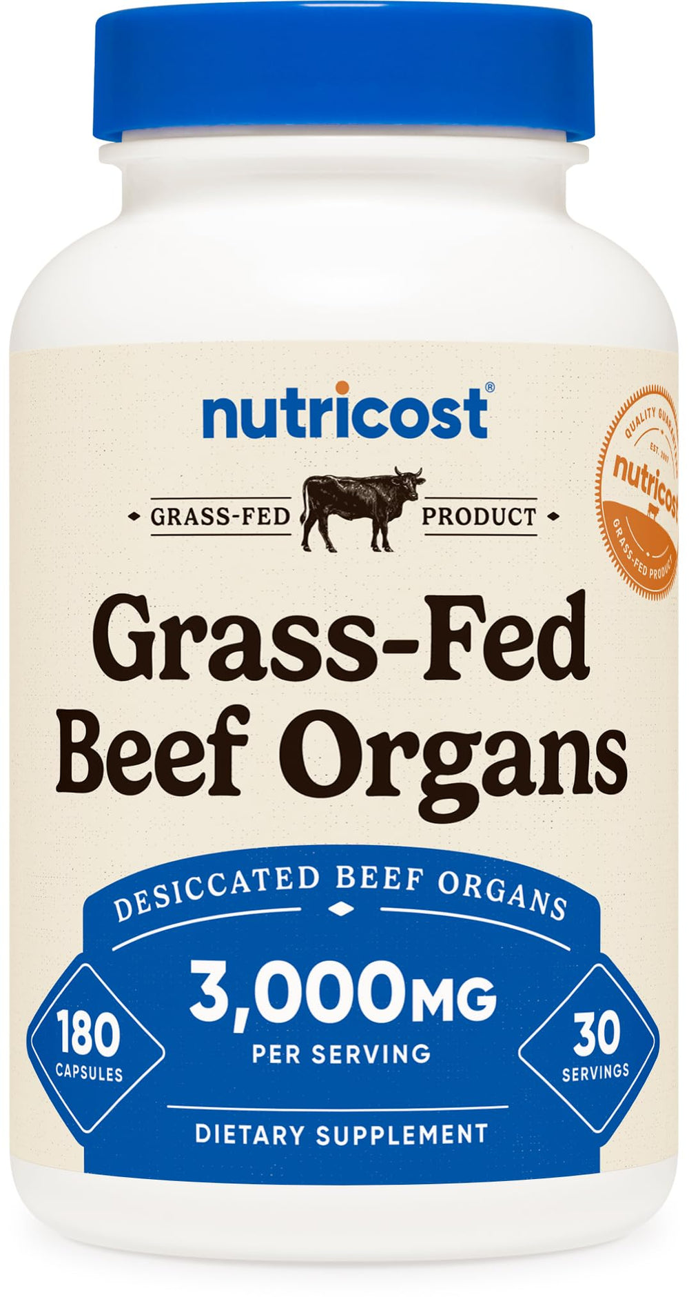 Nutricost Grass-Fed Beef Organs Supplement bottle with capsules