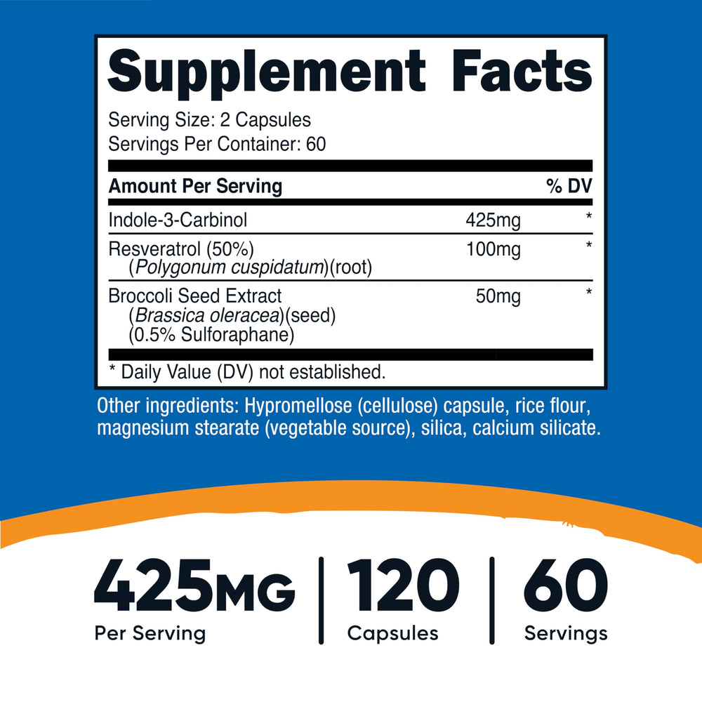 Close-up of Indole-3-Carbinol supplement bottle label