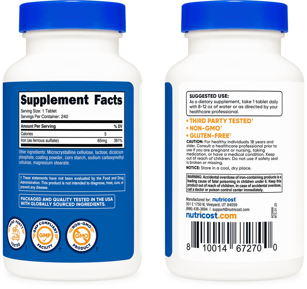 Front view of Nutricost Iron bottle with 240 tablets