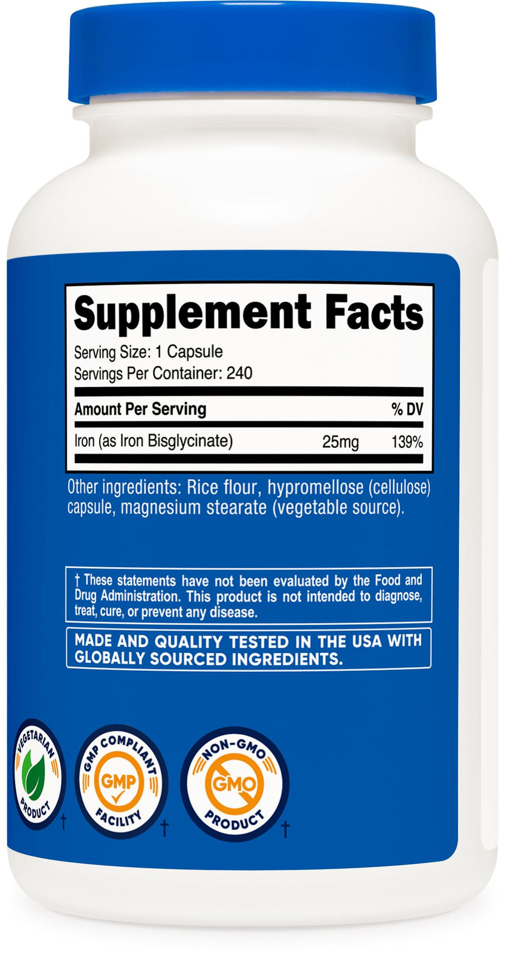 Nutrition facts label for Nutricost Iron Bisglycinate supplement