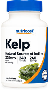 Nutricost Kelp Tablets bottle label showing 325mcg iodine per tablet