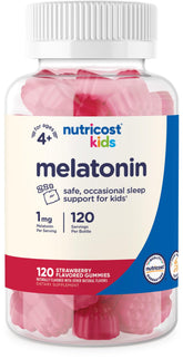 Nutricost Kids Melatonin Gummies 1mg bottle with 120 strawberry-flavored gummies