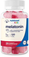 Nutricost Kids Melatonin Gummies 1mg bottle with 120 strawberry-flavored gummies