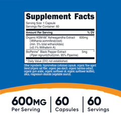 Close-up of Nutricost Ashwagandha capsules, 60 veggie caps per bottle.