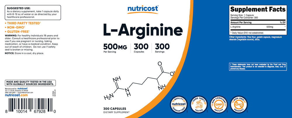 Gluten Free and Non-GMO icons on Nutricost L-Arginine packaging