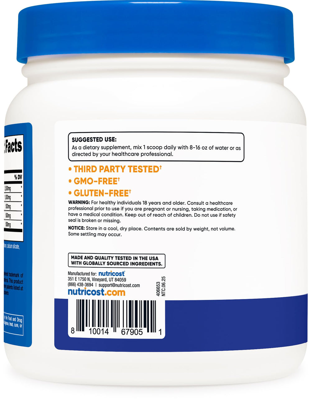 Close-up of Nutricost L-Arginine Complex ingredients panel