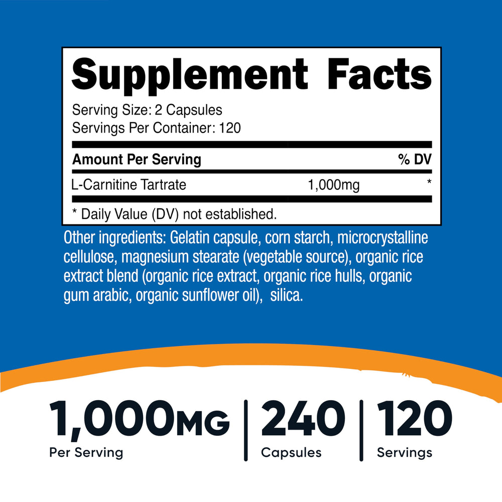 Close-up of L-Carnitine Tartrate capsules showing 500mg per capsule