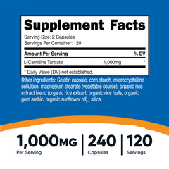 Close-up of L-Carnitine Tartrate capsules showing 500mg per capsule