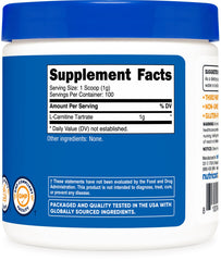 Ingredients and supplement facts for Nutricost L-Carnitine Tartrate Powder