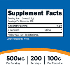 L-Carnosine powder with serving scoop showing 500 mg per serving