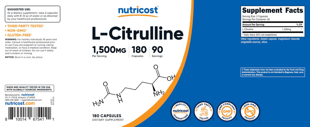 Nutricost L-Citrulline certifications and GMP notes visible.