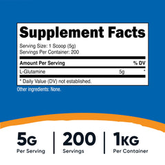 L-Glutamine 1kg bottle label indicating Non-GMO