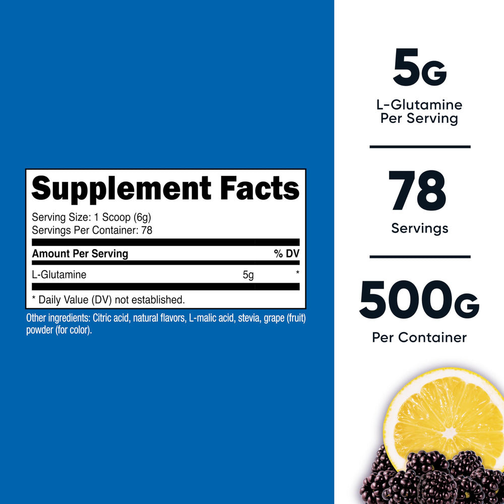 Close-up of Nutricost L-Glutamine Blackberry Lemonade bottle label