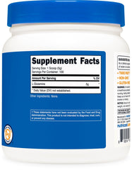 Packaging of Nutricost L-Glutamine powder signals NSF and GMP compliant production.