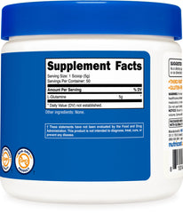 Nutricost L-Glutamine powder label highlights 250 grams and servings per bottle.