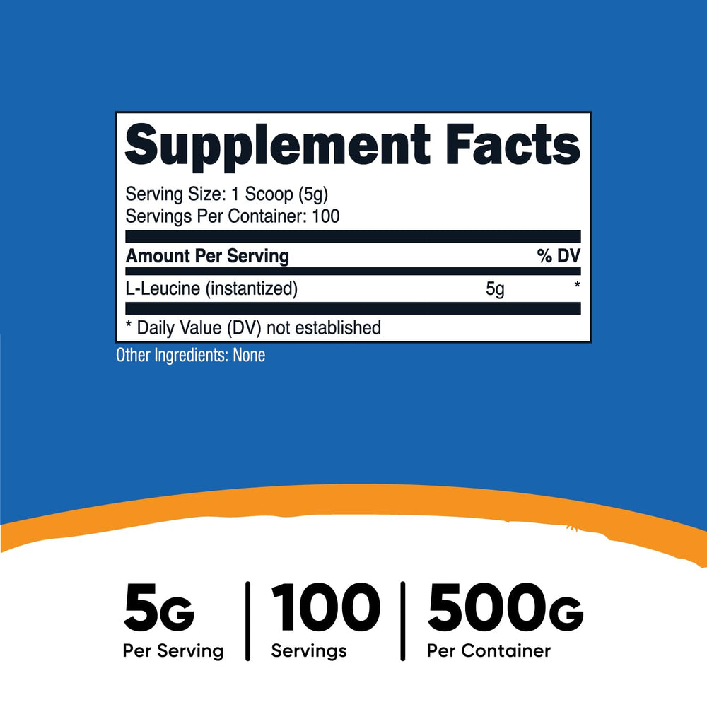 Serving scoop of Nutricost L-Leucine Powder with 5 g per serving