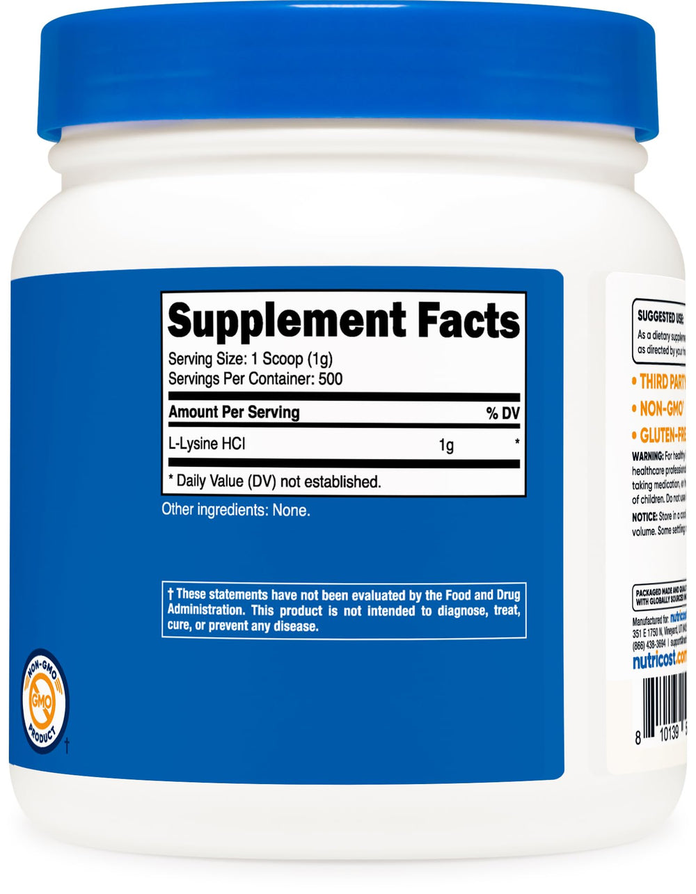 Supplement facts and ingredients panel on Nutricost L-Lysine powder