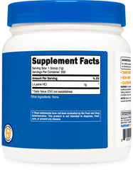 Supplement facts and ingredients panel on Nutricost L-Lysine powder