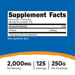 Nutricost L-Proline powder label highlighting non-GMO and gluten-free features