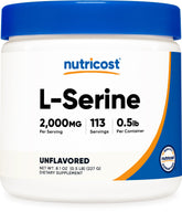Front view of Nutricost L-Serine Powder bottle, 0.5 lb with label