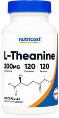 Nutricost L-Theanine 200mg bottle front label with 120 capsules