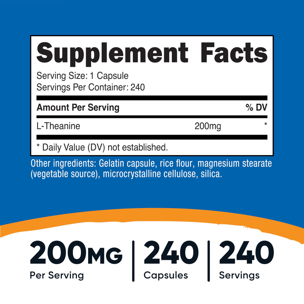 Close-up of Nutricost L-Theanine 200mg bottle label
