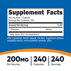 Nutricost L-Theanine 200mg bottle label with dosage guidance for daily use.