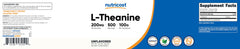 Nutricost L-Theanine powder label communicates gluten-free and non-GMO benefits.