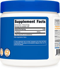 Nutricost L-Theanine powder packaging shows 100 g bottle and certifications.