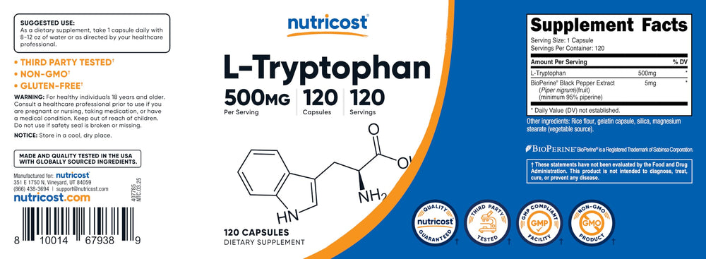Close-up of Nutricost L-Tryptophan 500mg bottle cap