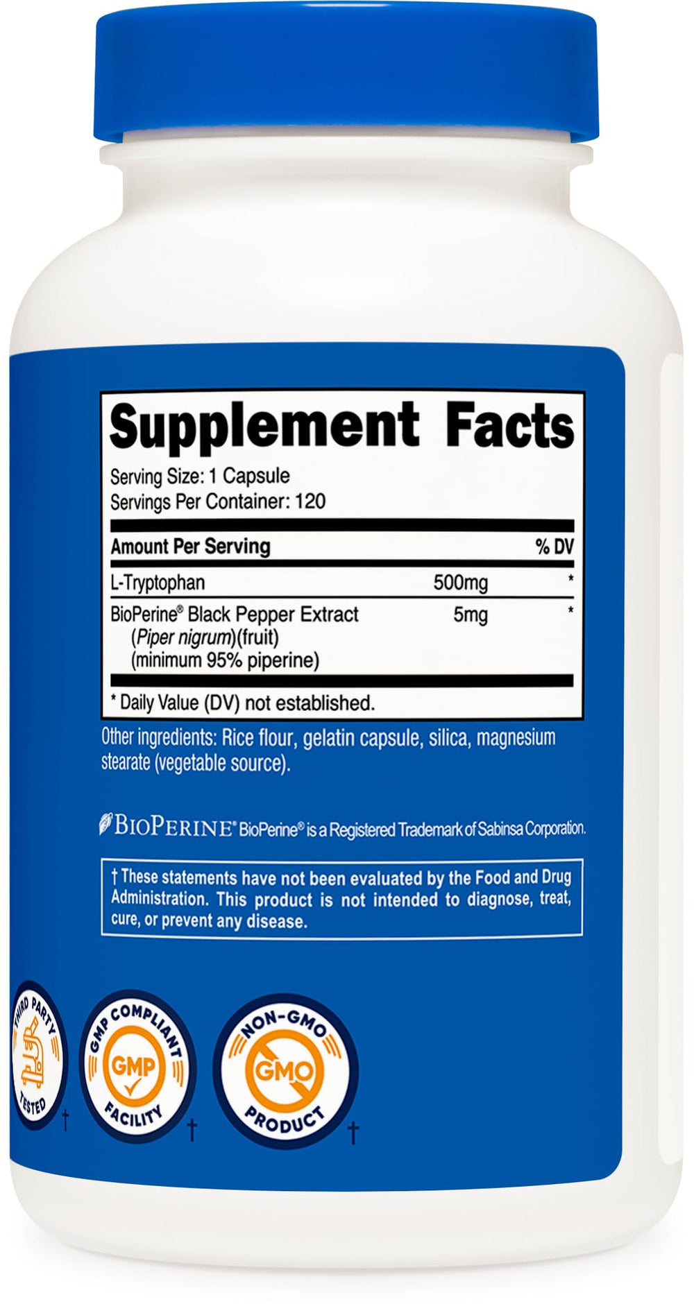 Nutricost L-Tryptophan 500mg bottle packaging and box