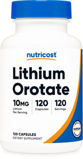 Bottle of Nutricost Lithium Orotate 10mg 120 capsules