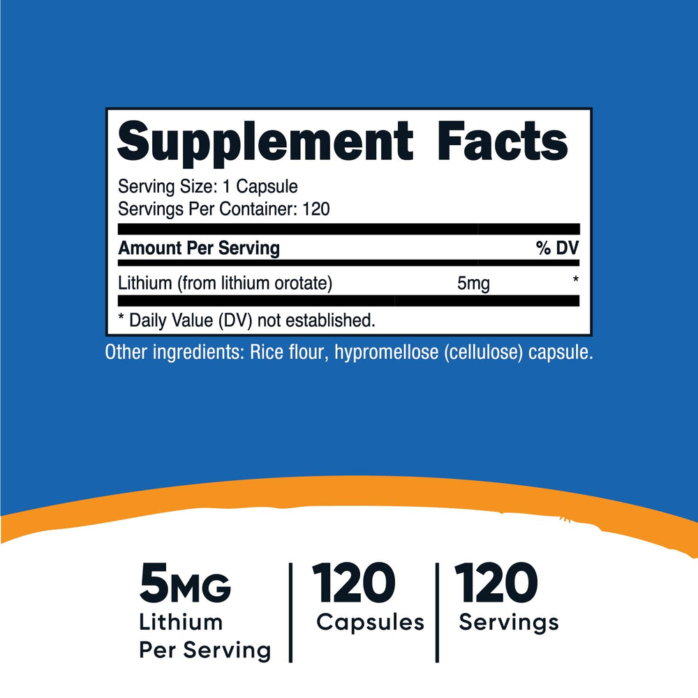 Close-up of Lithium Orotate 5mg per serving label