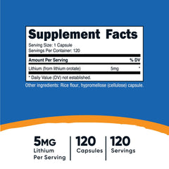 Close-up of Lithium Orotate 5mg per serving label