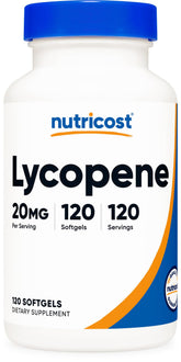 Nutricost Lycopene 20mg bottle with 120 softgels, gluten free and non-GMO