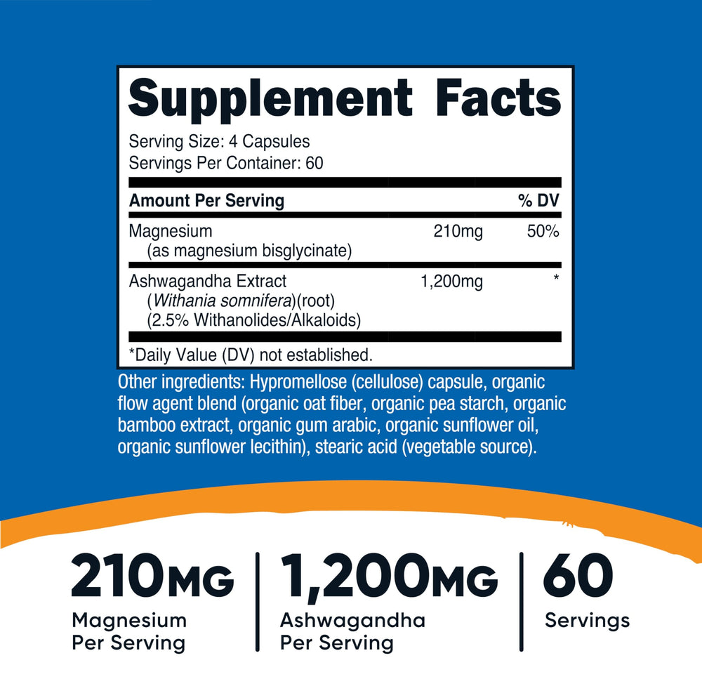 Nutrition label showing 210 mg Magnesium and 1,200 mg Ashwagandha per serving