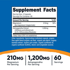 Nutrition label showing 210 mg Magnesium and 1,200 mg Ashwagandha per serving