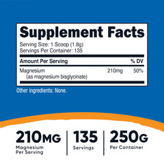 Nutrition label showing 210 mg magnesium per serving with scoop