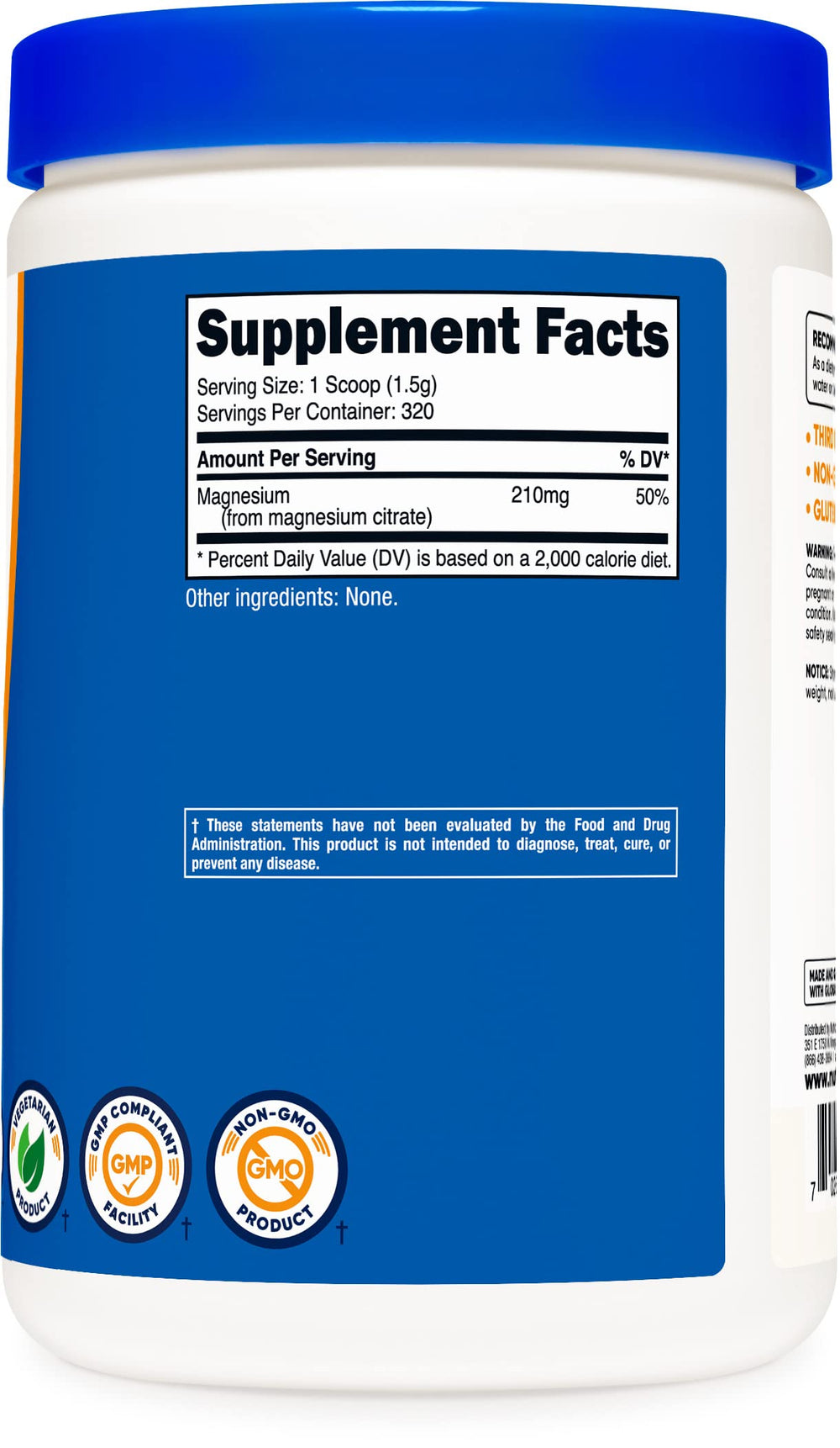 Nutrition facts and ingredients for Nutricost Magnesium Citrate Powder unflavored 500g