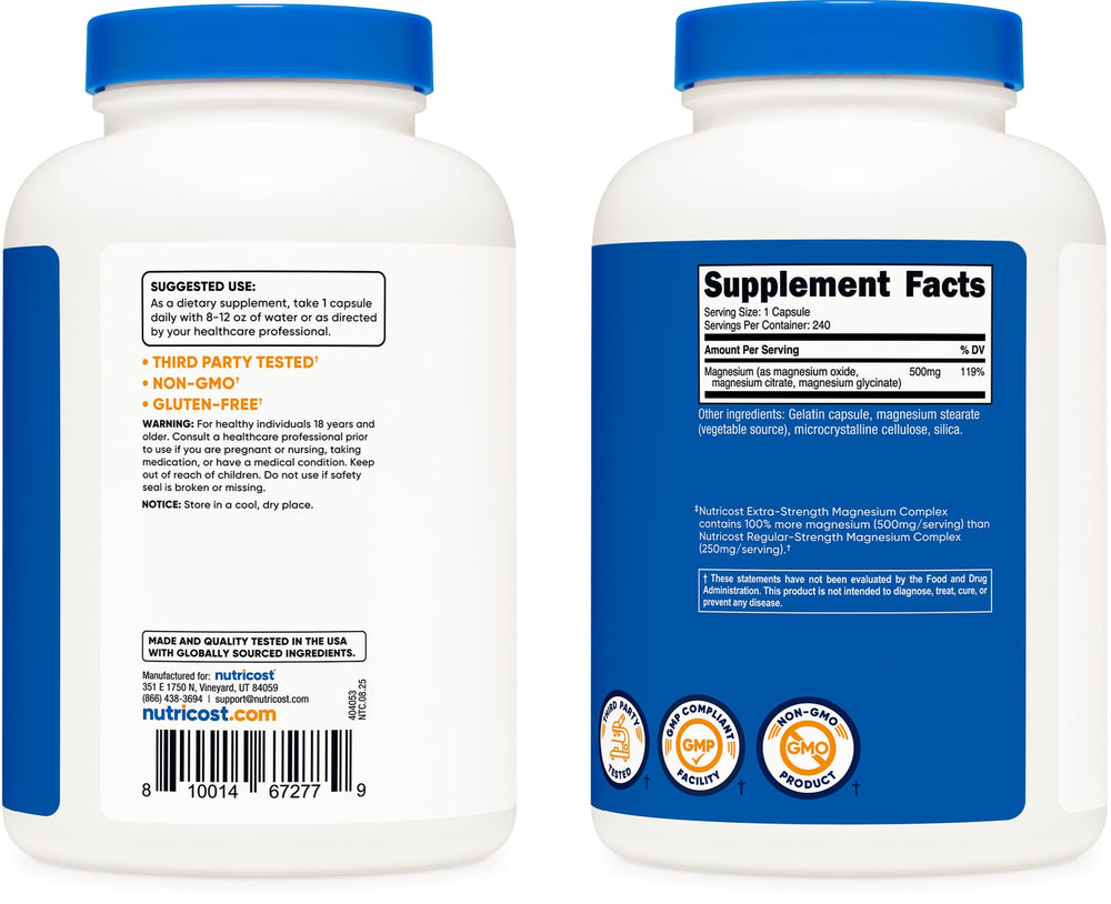 Gluten-free and Non-GMO labeling on Nutricost Magnesium Complex