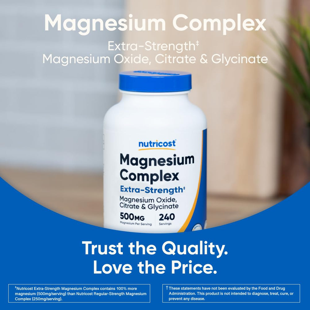 Nutricost Magnesium Complex bottle on a kitchen shelf for everyday routines.