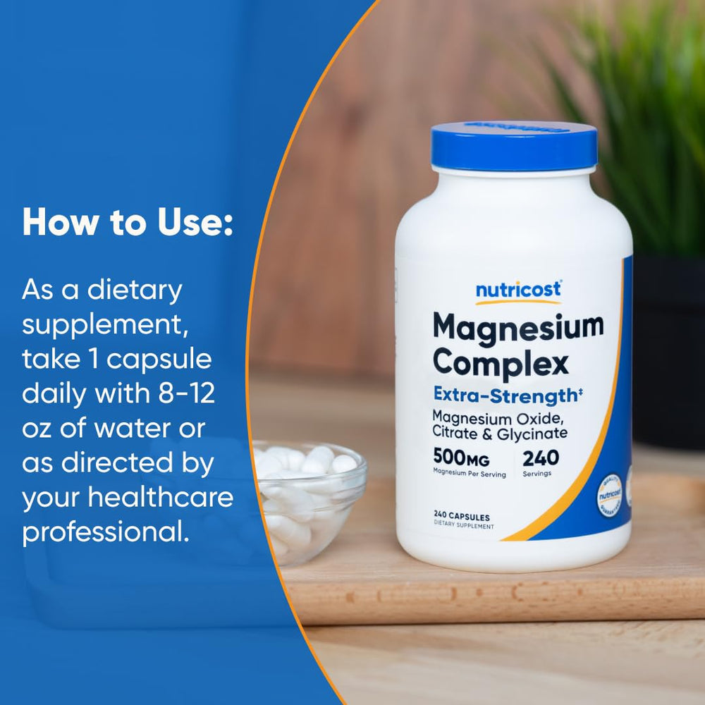 Nutricost Magnesium Complex product image mentioning GMP facility quality.