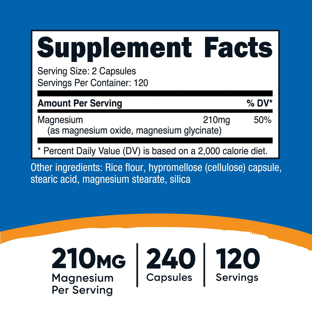Nutricost Magnesium+ Regular Strength label showing 210 mg per serving